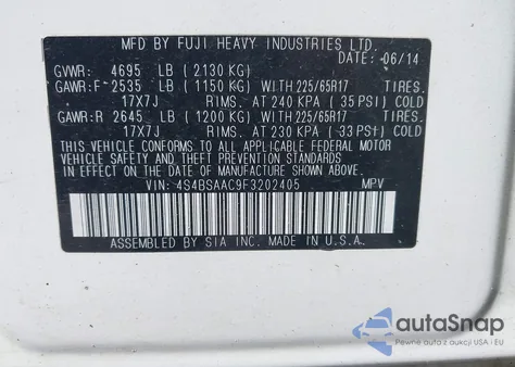 2015 Subaru Outback 2.5I из США, поврежденный, VIN 4S4BSAAC9F3202405